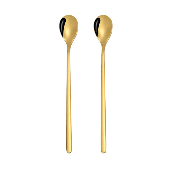 2 PCS Stainless Steel Spoon Creative Coffee Spoon Bar Ice Spoon Gold Plated Long Stirring Spoon, Style:Round Spoon, Color:Gold