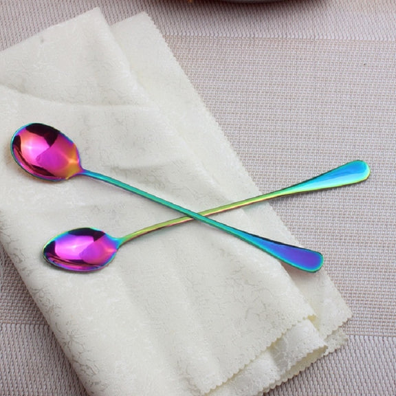 2 PCS Stainless Steel Rainbow Long Handled Coffee Scoops Cold Drink Stirring Spoon for Dessert Cake, Style:Sharp Spoon(Colorful)