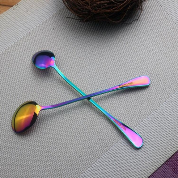 2 PCS Stainless Steel Rainbow Long Handled Coffee Scoops Cold Drink Stirring Spoon for Dessert Cake, Style:Sharp Spoon(Colorful)