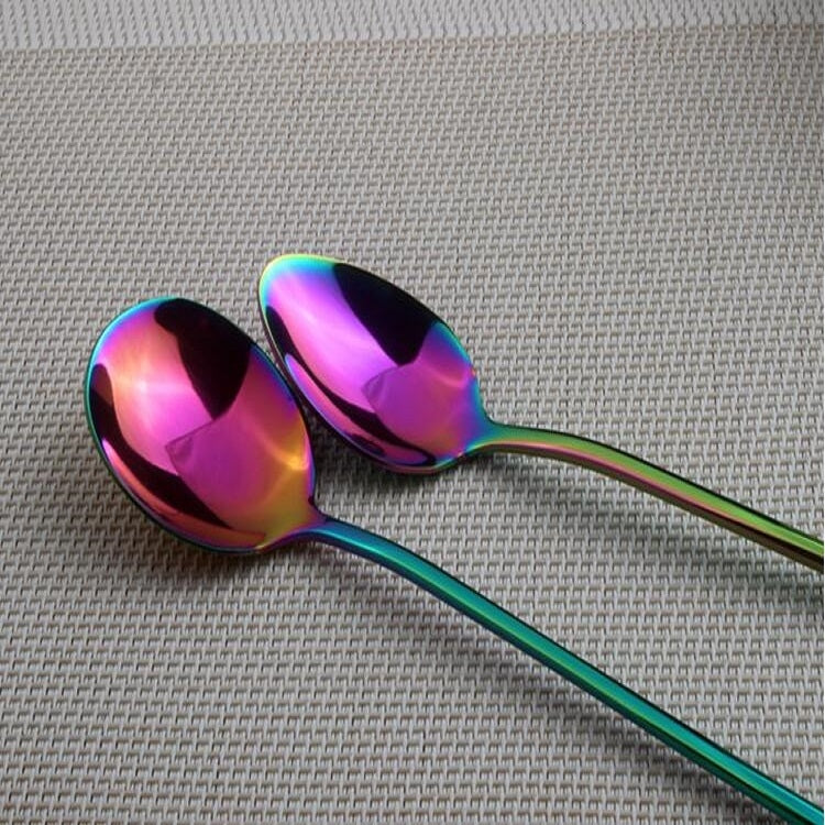 2 PCS Stainless Steel Rainbow Long Handled Coffee Scoops Cold Drink Stirring Spoon for Dessert Cake, Style:Sharp Spoon(Colorful)