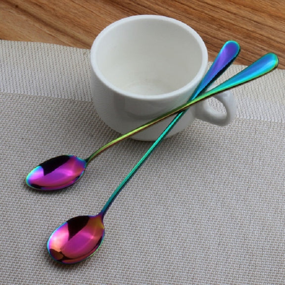 2 PCS Stainless Steel Rainbow Long Handled Coffee Scoops Cold Drink Stirring Spoon for Dessert Cake, Style:Sharp Spoon(Colorful)