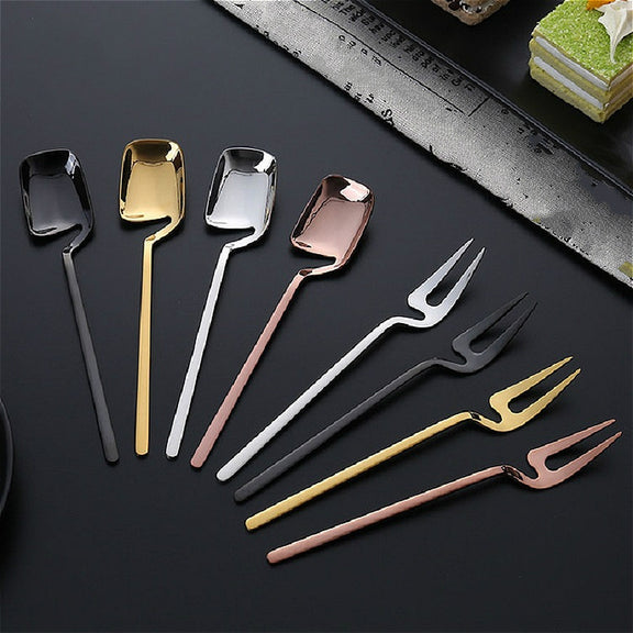 Stainless Steel V-shaped Wall Hanging Design Simple Coffee Spoon Fork Creative Long Handle Stirring Tableware, Style:Spoon, Color:Black