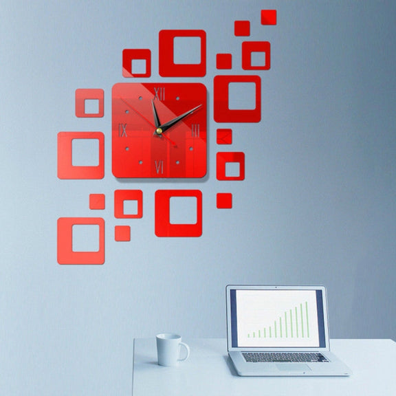 Home Mirror Surface Sticker Home Office Decorative Mirrors 3D Stereo Clock Acrylic Mirror Clock Block Combination Clock(Red)