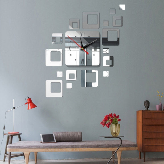 Home Mirror Surface Sticker Home Office Decorative Mirrors 3D Stereo Clock Acrylic Mirror Clock Block Combination Clock(Mirror Deep Gold)
