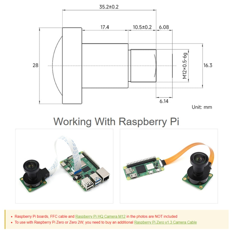 Waveshare WS1603212 For Raspberry Pi M12 High Resolution Lens, 12MP, 160 Degree FOV, 3.2mm Focal Length, 23967