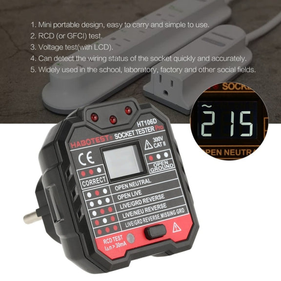 HT106 Socket Testers Voltage Test Detector Ground Line Neutral Line Live Line Leakage Electroscope(UK Plug)