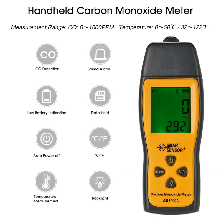 Smart Sensor AS8700A Handheld Carbon Monoxide Meter High Precision Digital CO Leak Detector Analyzer,  Sound  Light Alarm, Range: 0-1000ppm - free shipping - PMC TechLife - Order now!