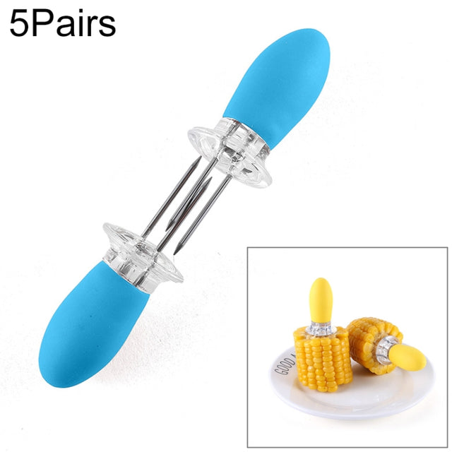 5 Pairs Outdoor BBQ Stainless Steel Corn Fork Fruit Fork Corn Device(Blue)