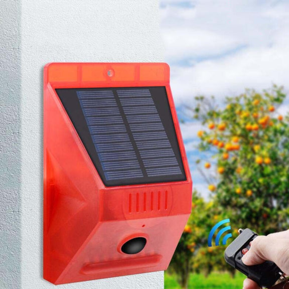 129dB Solar Alarm Light Human Body Induction Remote Control Alarm Farm Anti-theft Drive Object Sound and Light Alarm Light, Style:N911C English