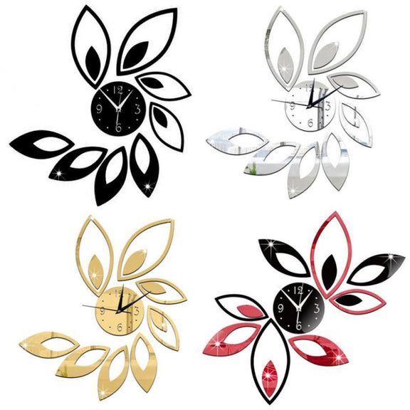 Flower Art Modern Design DIY Removable 3D Crystal Mirror Wall Clock Wall Sticker Living Room Bedroom Decor(Gold)