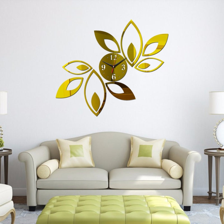 Flower Art Modern Design DIY Removable 3D Crystal Mirror Wall Clock Wall Sticker Living Room Bedroom Decor(Gold)