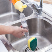 Kitchen Plastic Long Handle Cleaning Brush Automatic Adding Liquid Brush Removable Sponge Brush(With 2pcs Head)