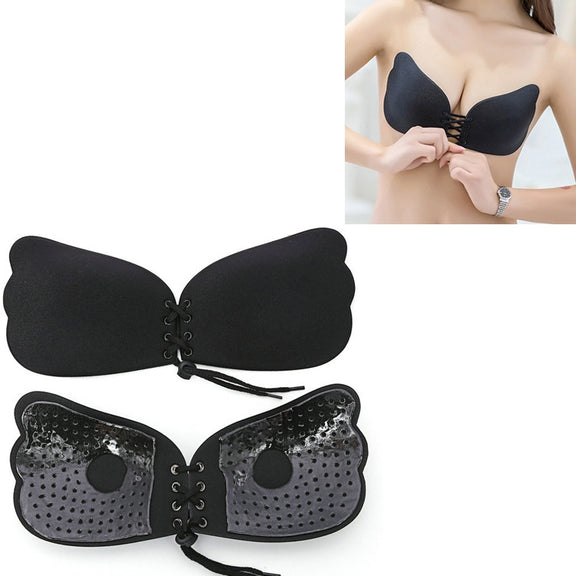 Pull Rope Wing Invisible Underwear Without Steel Ring Pull Rope Silicone Invisible Nubra, Cup Size:A(Black)