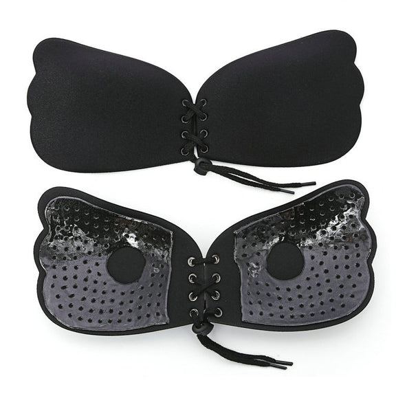 Pull Rope Wing Invisible Underwear Without Steel Ring Pull Rope Silicone Invisible Nubra, Cup Size:D(Black)