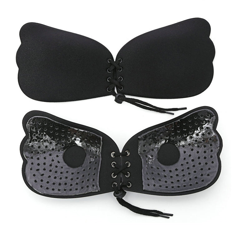 Pull Rope Wing Invisible Underwear Without Steel Ring Pull Rope Silicone Invisible Nubra, Cup Size:D(Black)
