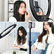 18 inch+6 Phone Clips+Microphone Pole Dimmable Color Temperature LED Ring Fill Light Live Broadcast Set With 2.1m Tripod Mount, CN Plug