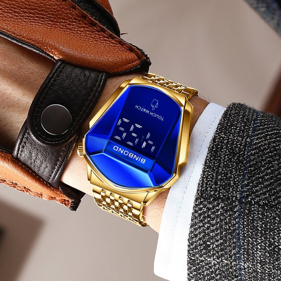 BINBOND Locomotive Concept Touch Screen Steel Belt Watch Men Live Black Technology Watch(White Steel Blue)