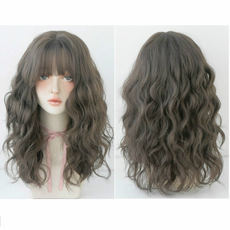 Women's Wool Long Hair With Bangs Natural Fluffy Wig, Color:Cold Brown 54CM