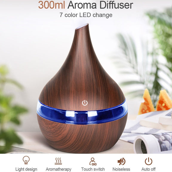 300ml USB Electric Aroma Air Diffuser Wood Ultrasonic Air Humidifier Essential Oil Aromatherapy Cool Mist Maker(Flat Mouth Deep Wood Grain)
