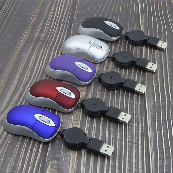 Mini Computer Mouse Retractable USB Cable Optical Ergonomic1600 DPI Portable Small Mice for Laptop(Blue)