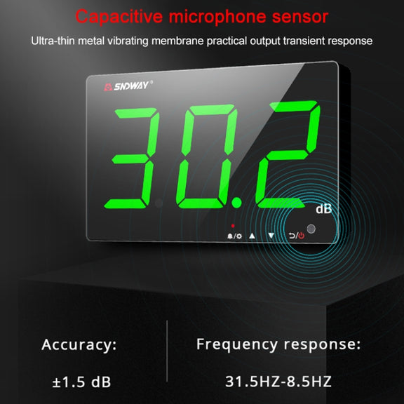 SNDWAY Wall-mounted 30~130dB Large Screen Digital Display Noise Decibel Monitoring Testers, Specification:SW525G with Storage + USB Green