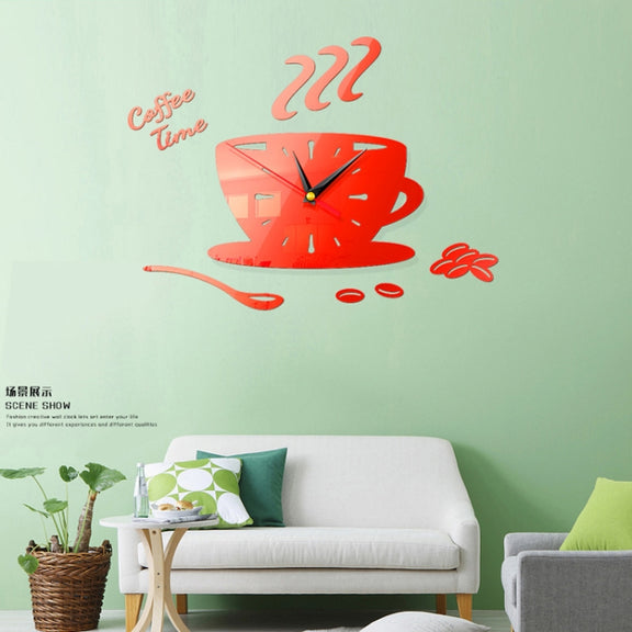 Home DIY 3D Stereo Decorative Fashion Coffee Wall Clock Acrylic Mirror Wall Sticker Coffee Clock(Red)