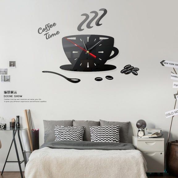 Home DIY 3D Stereo Decorative Fashion Coffee Wall Clock Acrylic Mirror Wall Sticker Coffee Clock(Black)