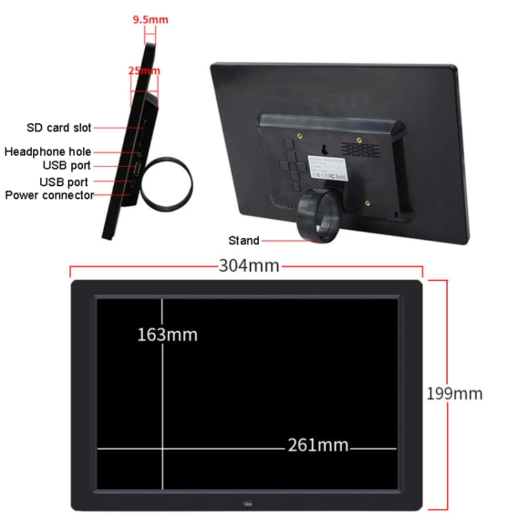 DPF-1201 12 inch 1280x800 Resolution Wall Mounted Advertising Machine LCD Electronic Photo Frame, Plug:US Plug(Black)