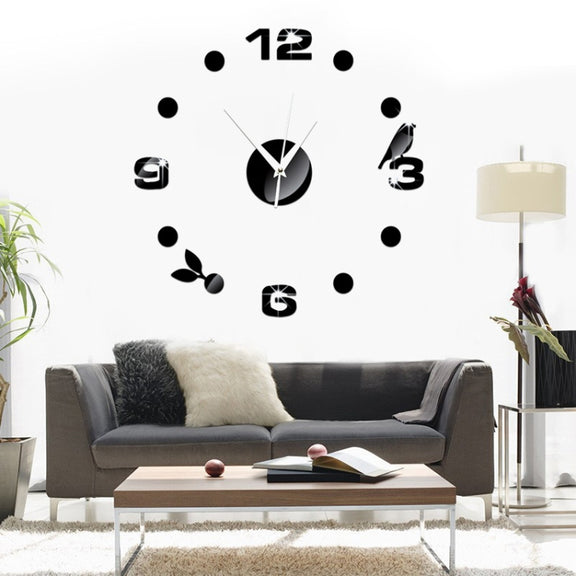 Art Wall Clock Background Wall Stickers TV Wall Stickers 3D Bird Leaves Wall Clock Home Accessories(Black)