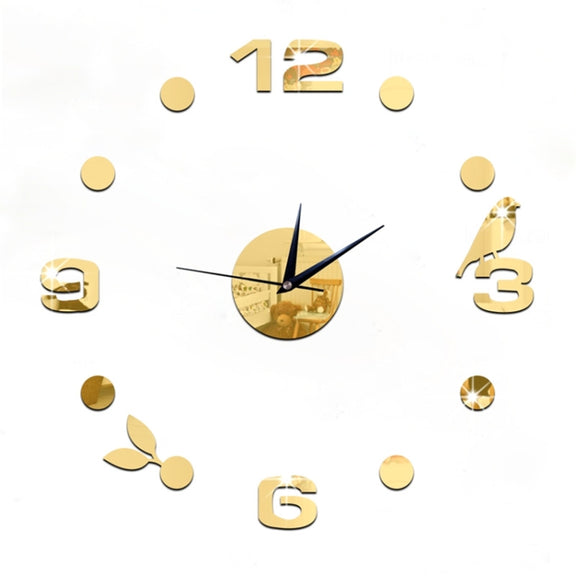 Art Wall Clock Background Wall Stickers TV Wall Stickers 3D Bird Leaves Wall Clock Home Accessories(Gold)
