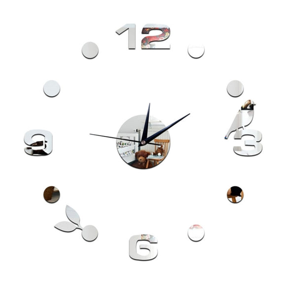 Art Wall Clock Background Wall Stickers TV Wall Stickers 3D Bird Leaves Wall Clock Home Accessories(Silver)