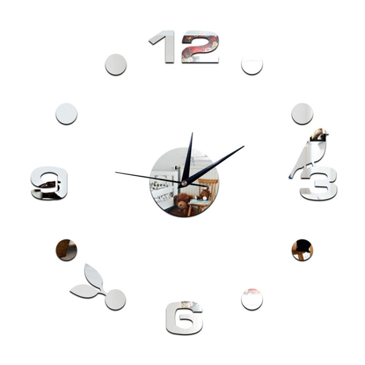 Art Wall Clock Background Wall Stickers TV Wall Stickers 3D Bird Leaves Wall Clock Home Accessories(Silver)
