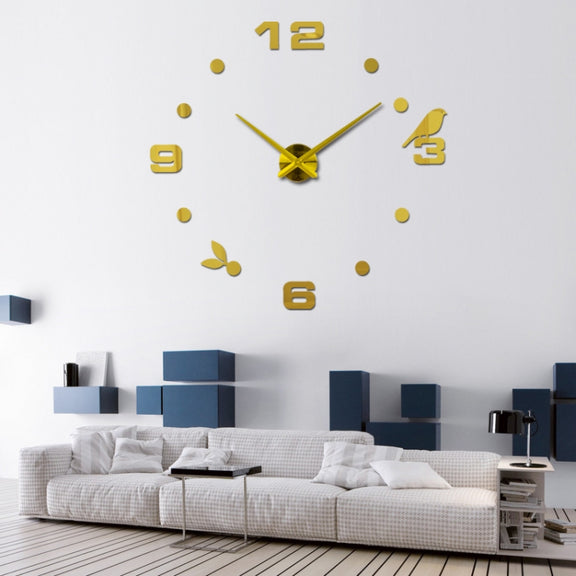 Art Wall Clock Background Wall Stickers TV Wall Stickers 3D Bird Leaves Wall Clock Home Accessories(Silver)