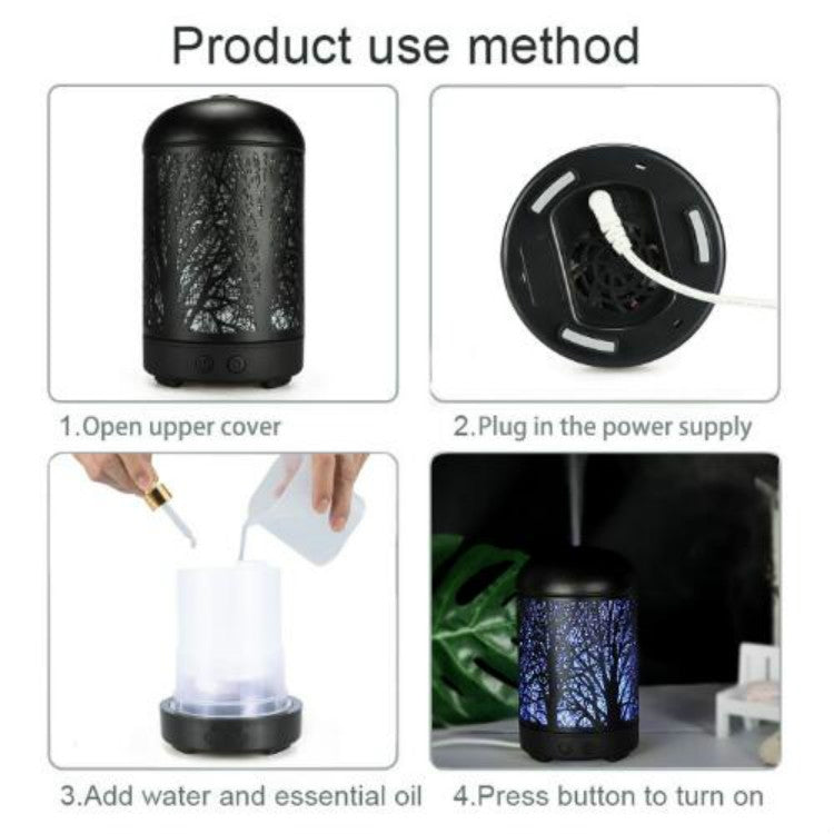 Metal Tree Air Humidifier Essential Oil Diffuser Mist Maker Colorful LED Lamp Diffuser Aromatherapy Air Purifier, EU Plug(Black)