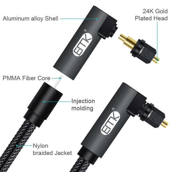 EMK 90 Degree Swivel Adjustable Right Angled 360 Degrees Rotatable Plug Nylon Woven Mesh Optical Audio Cable, Cable Length:10m(Black)
