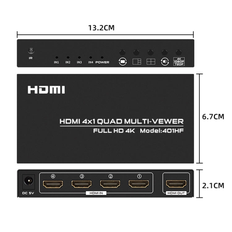 FJGEAR FJ-401HF 4 In 1 Out 4K HDMI Splitter Supports Four Screen Segmentation, Plug Type:EU Plug(Black)