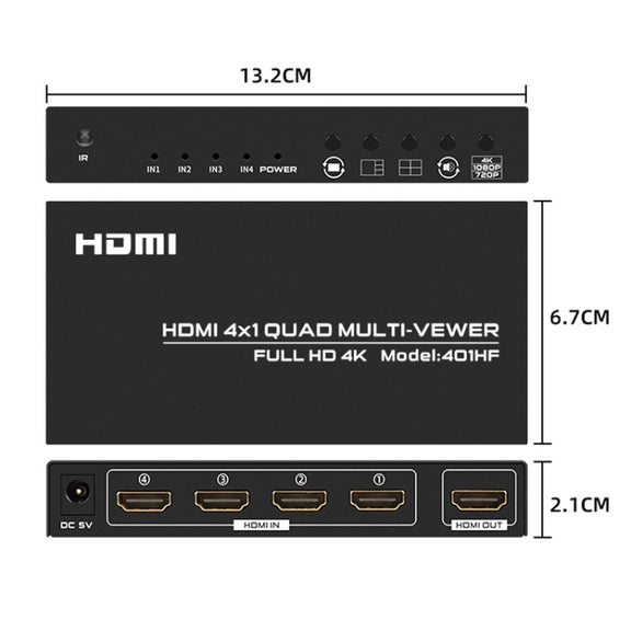 FJGEAR FJ-401HF 4 In 1 Out 4K HDMI Splitter Supports Four Screen Segmentation, Plug Type:US Plug(Black)