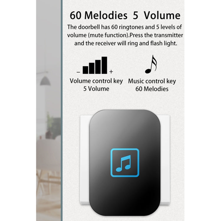 CACAZI A86 Electronic Music Remote Control Doorbell One For One AC Wireless Doorbell, Style:US Plug(Black)