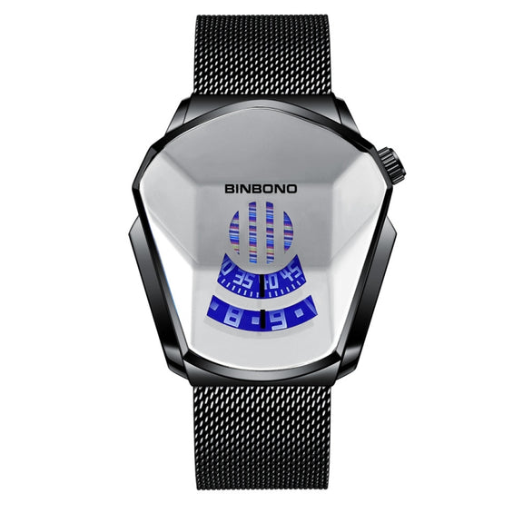 BINBOND Locomotive Concept Watch Men Live Black Technology Watch(Black Net Belt-Black Steel-White Face)