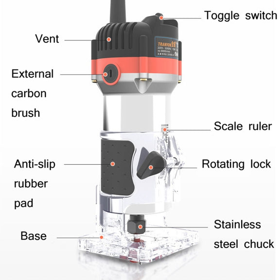 Woodworking Trimming Machine Multifunctional Electric Wood Milling Slotting Machine Engraving Tools US Plug, Material:600W Plastic Body