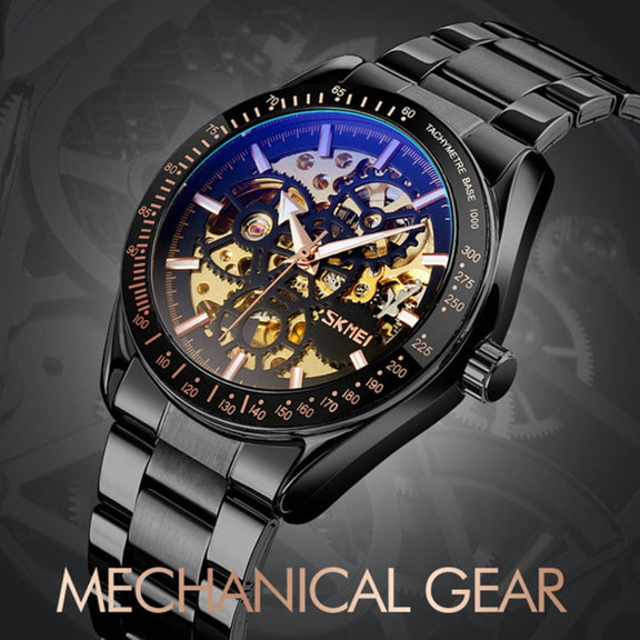 SKMEI 9194 Men Automatic Skeleton Mechanical Steel Band Watch (Golden Gold Face)