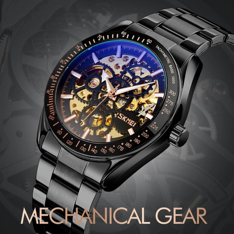SKMEI 9194 Men Automatic Skeleton Mechanical Steel Band Watch (Golden Gold Face)