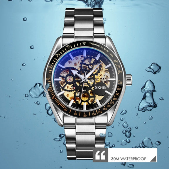 SKMEI 9194 Men Automatic Skeleton Mechanical Steel Band Watch (Golden Gold Face)