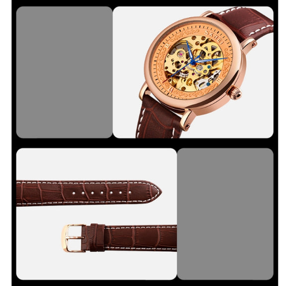SKMEI 9229 Men Automatic Skeleton Mechanical Watch Thorough Bottom Student Watch(Rose Gold Shell Black Face)