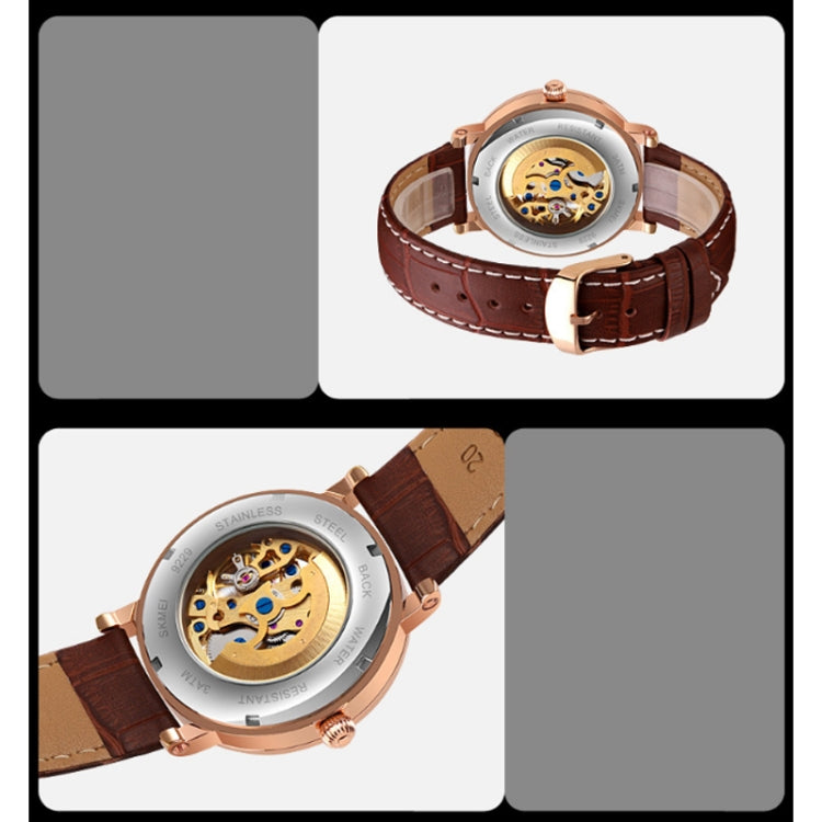 SKMEI 9229 Men Automatic Skeleton Mechanical Watch Thorough Bottom Student Watch(Rose Gold Shell Black Face)