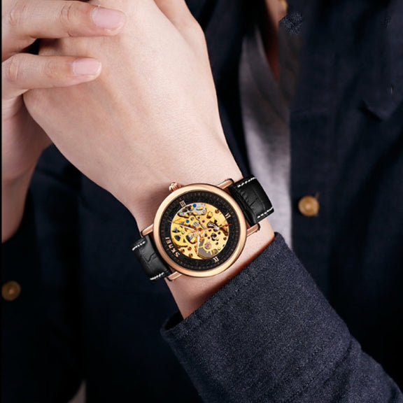 SKMEI 9229 Men Automatic Skeleton Mechanical Watch Thorough Bottom Student Watch(Rose Gold Shell Black Face)