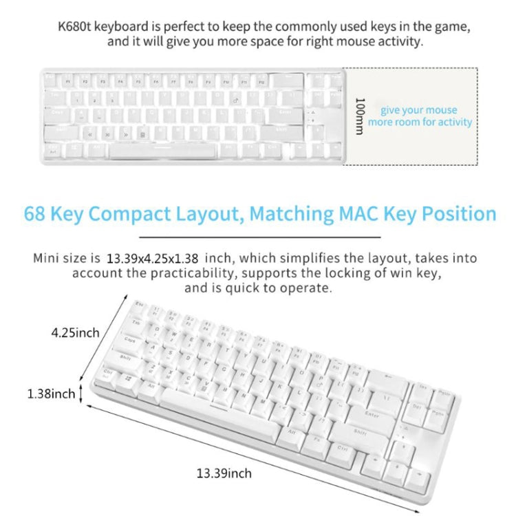 Ajazz K680T Mini USB Wired Dual-mode Charging 68-keys Laptop Bluetooth Mechanical Keyboard, Cable Length: 1.6m, Style:Black Shaft(White) - free shipping - PMC Jewellery - Order now!