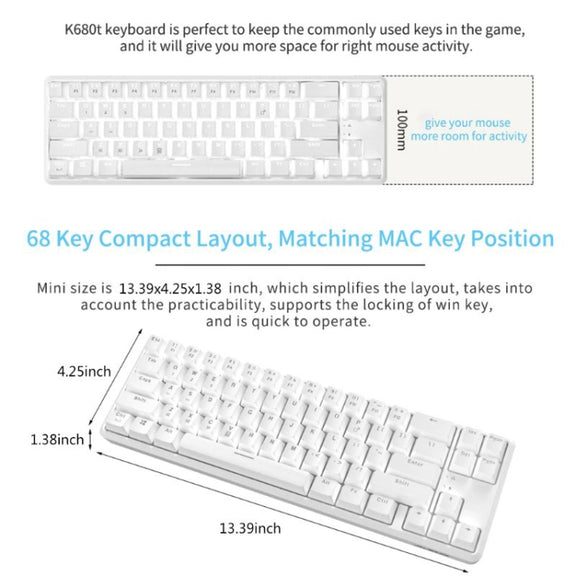 Ajazz K680T Mini USB Wired Dual-mode Charging 68-keys Laptop Bluetooth Mechanical Keyboard, Cable Length: 1.6m, Style:Tea Shaft(White)