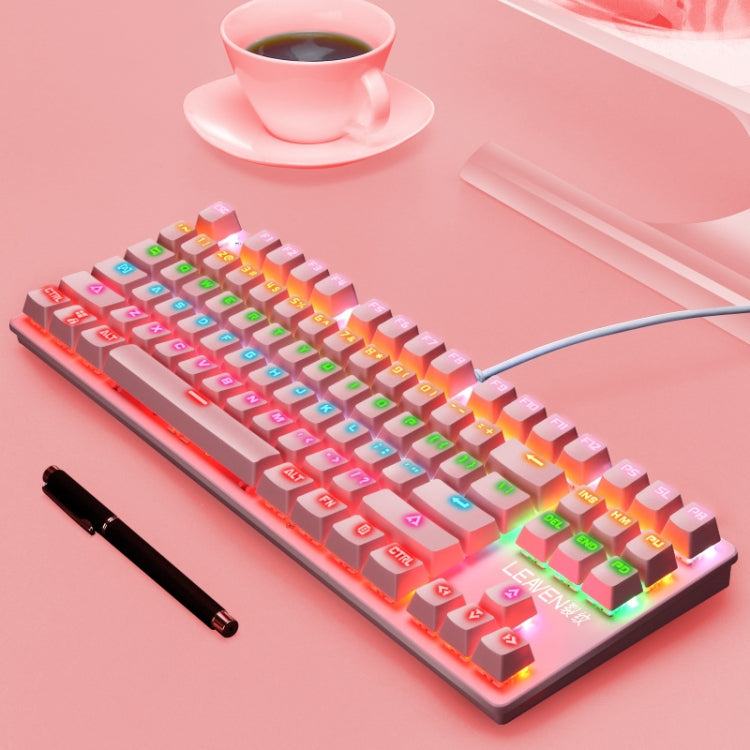 LEAVEN K550 87 Keys Green Shaft Gaming Athletic Office Notebook Punk Mechanical Keyboard, Cable Length: 1.8m(Pink)
