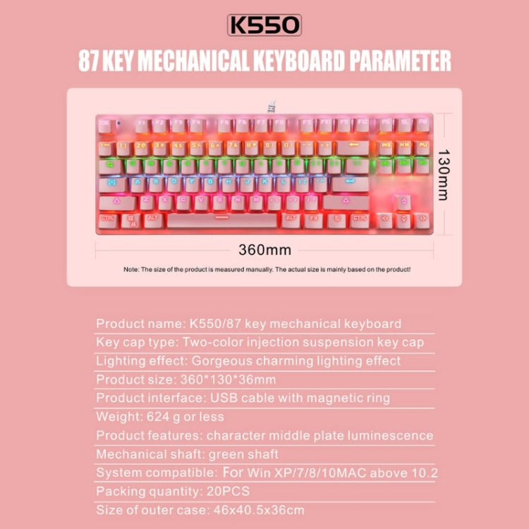 LEAVEN K550 87 Keys Green Shaft Gaming Athletic Office Notebook Punk Mechanical Keyboard, Cable Length: 1.8m(Blue)
